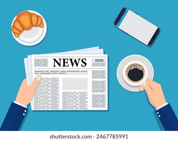 Businessman reading daily news in the workplace over a cup of coffee. Hands with newspaper, phone, croissant . Coffee break. Vector illustration in flat style