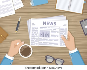 Businessman reading daily news in the workplace over a cup of coffee. Hands with newspaper, wooden table, documents, purse, glasses, phone, notepad. Coffee break. Vector illustration. View from above
