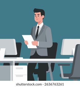 Businessman Reading Document at Desk in Office