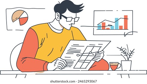 A businessman reading a financial report, business analysis, professional reading, corporate finance, one continues line art vector illustration