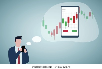 Businessman reading financial stock market analysis on smartphone.
