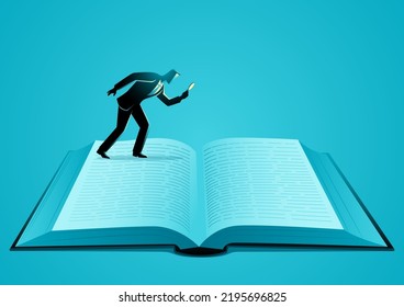 Empresario leyendo páginas de libros gigantes usando el concepto de lupa, alfabetización, conocimiento, información