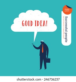 Businessman reading a message on his phone good idea. Vector illustration Eps10 file. Global colors. Text and Texture in separate layers.