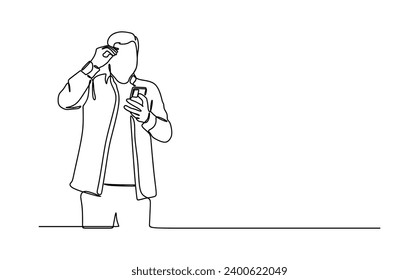 businessman reading message online notification from phone. Continuous line style. Hand drawn. business concept. Vector design. Illustration
