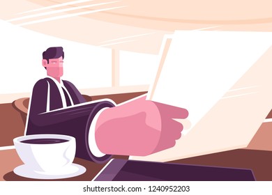 Businessman reading news in morning press vector illustration. Man sitting at table in business suit with newspaper in hand and drinking coffee at breakfast flat style concept