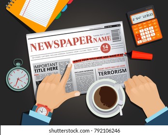 Businessman reading newspaper at the breakfast. Hands pointing. Businessman morning press and coffee. Vector illustration