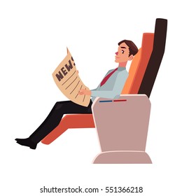 Businessman reading newspaper in business class airplane seat, cartoon vector illustration on white background. Male passenger, business man seating in airplane business class reading newspaper
