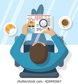 Businessman reading a newspaper, drinking coffee. Business News. Media. Newspaper news, coffee cup. Vector illustration in flat design style.
