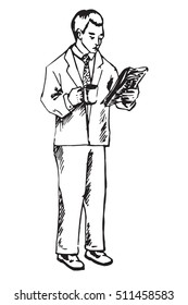 Businessman reading newspaper and drinking coffee, hand drawn doodle, sketch in pop art style, vector
