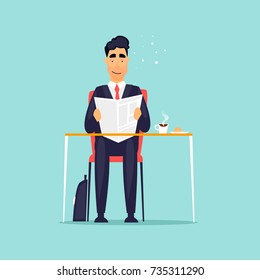 Businessman reading a newspaper, news, cafe. Flat design vector illustration.