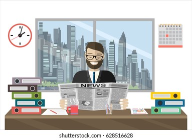 Businessman reading newspaper in office. vector illustration