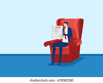 Businessman reading a newspaper on sofa in room. Cartoon vector Illustration.
