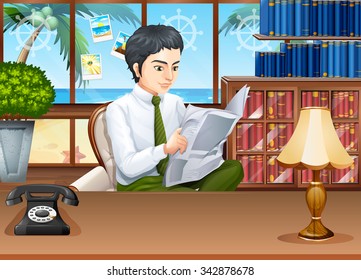 Businessman reading newspapers in the office illustration