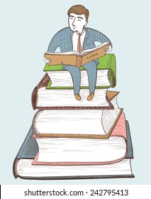 Businessman reading on the mountain of books, color version