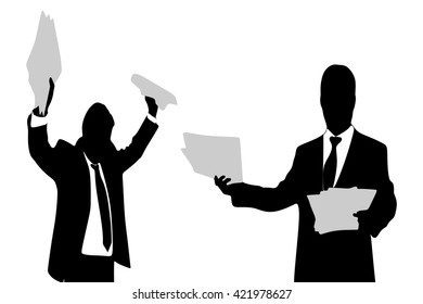 businessman reading papers from work, another business man is angry