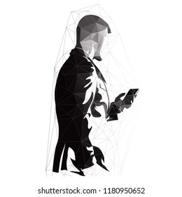 Businessman reading and writing text on mobile phone, geometric monochromatic vector illustration