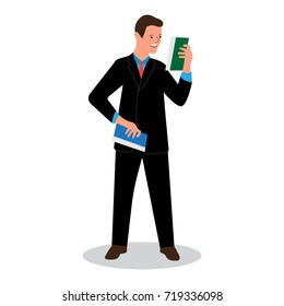 businessman reads data (scientific report, news, development schedule, strategy). vector illustration