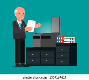 Businessman reads text off a sheet of paper, standing near a copy machine. Flat character vector illustration.