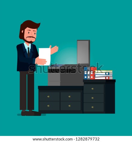Businessman reads text off a sheet of paper, standing near a copy machine. Flat character vector illustration.