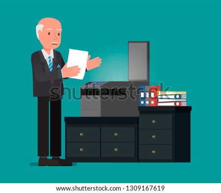 Businessman reads text off a sheet of paper, standing near a copy machine. Flat character vector illustration.