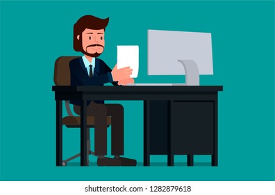Businessman reads text from a sheet of paper while sitting at a desk. Flat character vector illustration.
