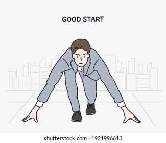 Businessman ready to run at start. Business start up concept. Hand drawn style vector design illustrations.