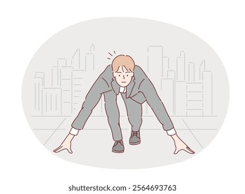 Businessman ready to run at start. Business start up concept. Hand drawn style vector design illustrations.