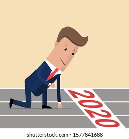 Businessman ready to sprint on starting line of the year 2020. Starting career, business concept. Vector illustration