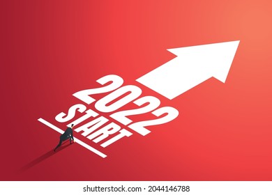 Businessman ready in starting position towards goals for the new year 2022. The starting point for business competition, challenges and careers. Vector illustration.