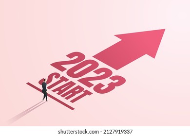 Businessman ready in starting position towards goals for the new year 2023. The starting point for business competition, challenges and careers. Vector illustration.