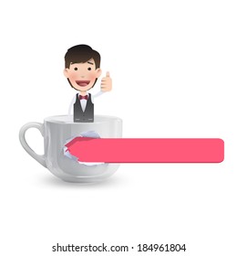 Businessman with realistic cup over white. Vector design. 