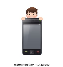 Businessman with realistic phone over white background