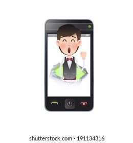 Businessman with realistic phone over white background