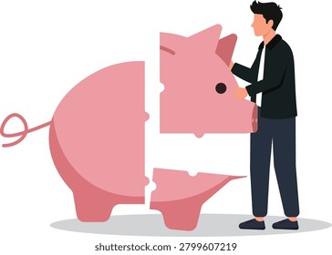 Businessman Reassembling and Inspecting Broken Pink Piggy Bank