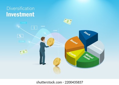 Businessman Rebalancing Diversification Investment On 3D Pie Graph. Financial Allocation Investment Strategy And Risk Management On Portfolio.