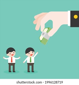Businessman receive bundle money from big hand, Free Vector