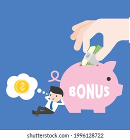 Businessman receive bundle money from big hand and put in piggy bank, Free Vector