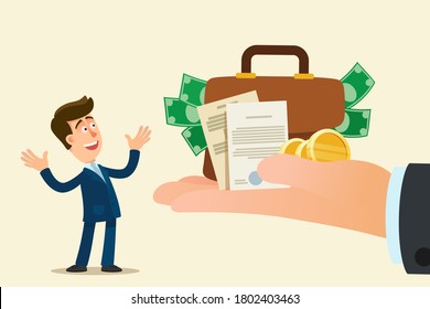 The businessman received investments in his company and business. Money for a startup. Bonus for company employees. Vector illustration, flat cartoon style, isolated background.