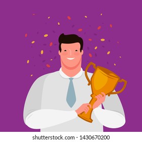 Businessman received the winner Cup prize. Business, awards ceremony vector illustration