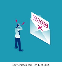 The businessman receives a refusal letter. Rejected concept. Paper document, resume with stamp refusal. Open an envelope with a message. Vector illustration isometric design.