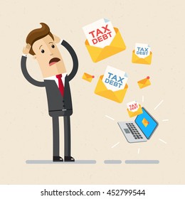 Businessman receives a lot of tax debt letters.Vector, flat, illustration