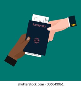 Businessman Receiving Boarding Pass and Passport from check-in Attendant. Close-up of a Businessman Handing Over His Boarding Pass and Passport at Airport check-in. Vector Illustration.