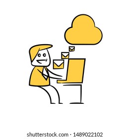 businessman receiving emails from cloud server yellow stick figure design