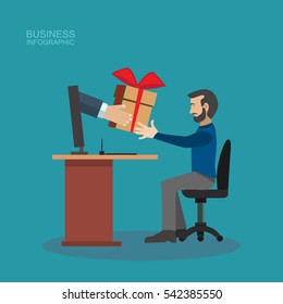 Businessman Receiving Gift Christmas at Office Desk isolated,Delivery man sent the item or gift for the man in the office and at home for the New year,a surprise and an important day.