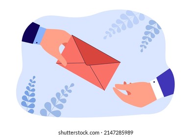 Businessman receiving important business letter. Hand of man holding envelope to transfer information flat vector illustration. Email, message concept for banner, website design or landing web page