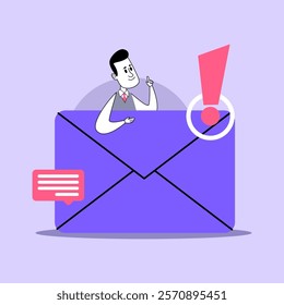 Businessman receiving important email vector illustration. Male cartoon character near huge envelope with exclamation mark. Business, correspondence concept