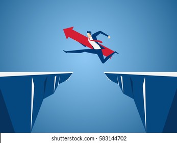 Businessman with red arrow sign jump through the gap between hill. Running and jump over cliffs. Business risk and success concept. Cartoon Vector Illustration.