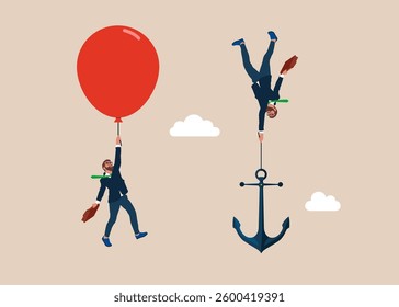 Businessman with red balloon fly pass businessman falling down with anchor. Business ranking up or down. Business competition. Modern vector illustration in flat style
