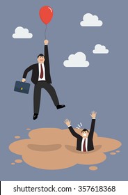 Businessman with red balloon get away from puddle of quicksand. Business concept