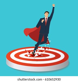 businessman and red cape Breaking target archery to Successful vector. Business concept illustration.